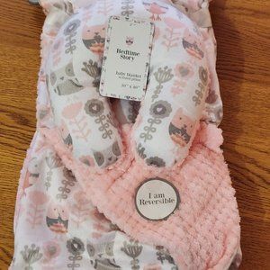 Bedtime story baby blanket travel pillow set nwt pink grey owls minky